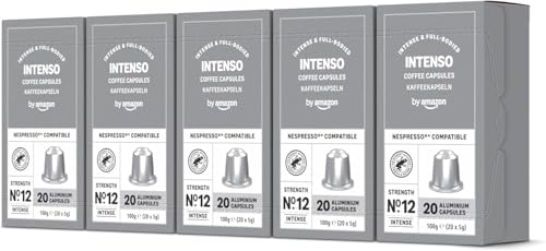 by Amazon   Cápsulas de café Intenso, tueste oscuro, compatibles con Nespresso, 100 unidades, 5 paquetes de 20, certificado Rainforest Alliance