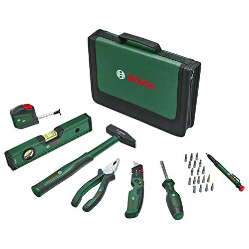 Bosch Home and Garden Universal Juego de Herramientas Manuales, 25 Piezas, Kit Versátil de Herramientas para Uso General en Bricolaje Doméstico, Cúter, Alicate Combinado, Cinta Métrica, Nivel
