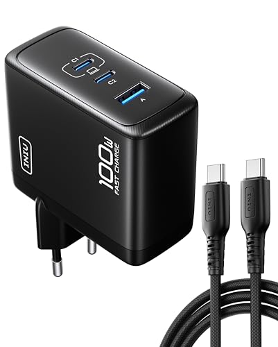 INIU 100W Cargador USB C, PD GAN 3 Puertos Tipo C Carga Rapida, Cargador Compacto y Portátil con MacBook Air, iPad Pro, iPhone 17 16 Pro MAX, Samsung Galaxy S25 S24 S23 Ultra, Steam Deck Switch 2 etc