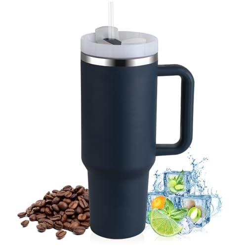 PRAOAHEI Taza térmica de 40 oz con pajita y asa, 1180 ml de doble pared de acero inoxidable para bebidas frías calientes, vasos de vacío, taza de café para el hogar, viajes, azul marino