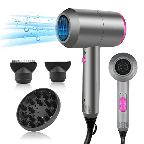 HappyGoo Secador de pelo iones Secadores de pelo profesional iónico, con boquilla de cabeza de soplado, Hair Dryer negativos portátil de 3 temperaturas (Gris)