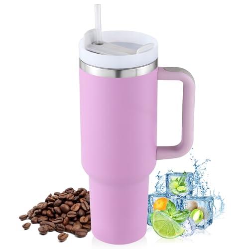 PRAOAHEI Taza térmica de 40 oz con pajita y asa, 1180 ml de doble pared de acero inoxidable para bebidas frías calientes, vasos de vacío, taza de café para el hogar, viajes, color morado