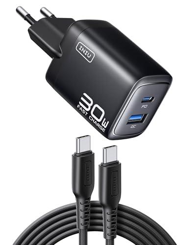 INIU Cargador USB C Carga Rapida, 30W 2 Puerto Cargador Tipo C con USB C Cable, PD 3.0 Cargador portatil de Pared Compacto para Macbook Air, iPhone 17 16 Pro MAX, iPad, Samsung S25 Ultra, Xiaomi, etc