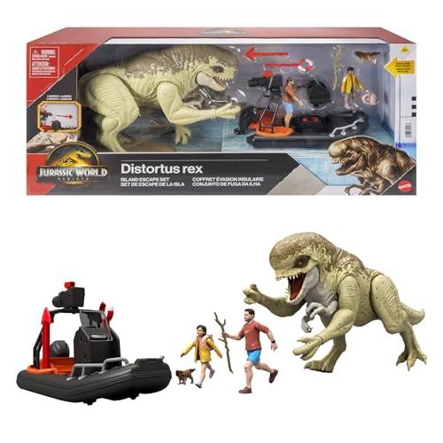 Mattel Jurassic World: El Renacer Conjunto de historia, vehículo con figuras de humanos y dinosaurios, balsa de la película, Distortus Rex y Delgado, Isabella y aquilops, Escape de la isla, JGB55