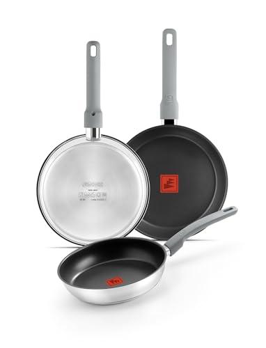 Monix Elite Non Stick | Set 3 sartenes 20 24 26 cm, acero inoxidable 18/10, Antiadherente Tricapa Sin PFOA, Indicador de Temperatura TherMonix, Mango ergonómico softouch