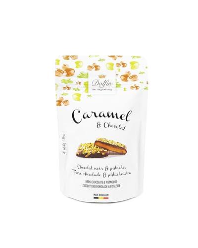 DESCUENTAZO 50% DESCUENTO Dolfin Caramelo y Chocolate   Chocolate Negro con Pistachos Tostados   Caramelo Casero de Mantequilla Salada, Nueces Frescas y Crujientes   Regalos, Dulces, Golosinas   Hecho en Bélgica   45g