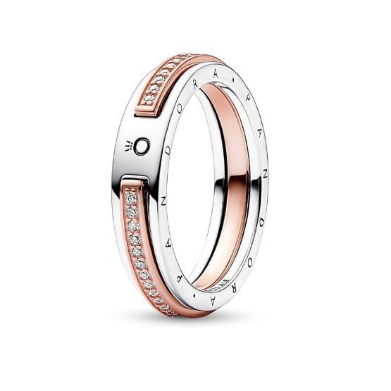 PANDORA Signature Anillo en 2 tonos con logotipo y enpasa pavé, Viene con Caja original. | Miravia