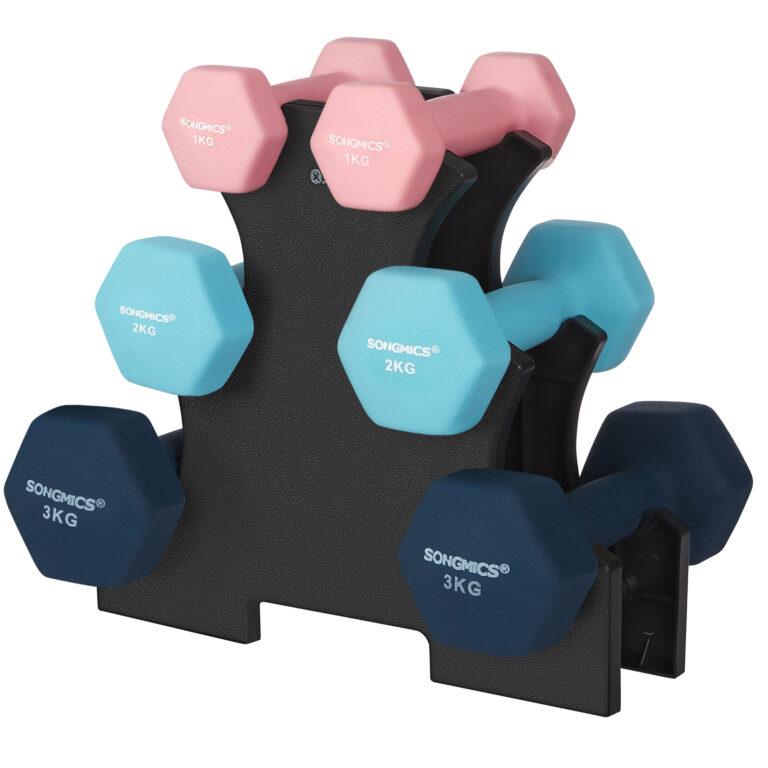 SONGMICS – Juego de mancuernas, 3 pares, 2 x 1 kg, 2 x 2 kg, 2 x 3 kg, soporte de almacenamiento, gimnasio y musculación, revestimiento de neopreno antideslizante | Miravia