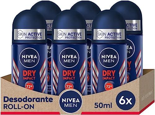 NIVEA MEN Dry Impact Desodorante Antitranspirante para Hombre Roll on 72h de Protección Fiable contra el Sudor Sin Alcohol Con 2 Activos Antibacterianos Todo tipo de Piel Pack de 6 x 50 ml