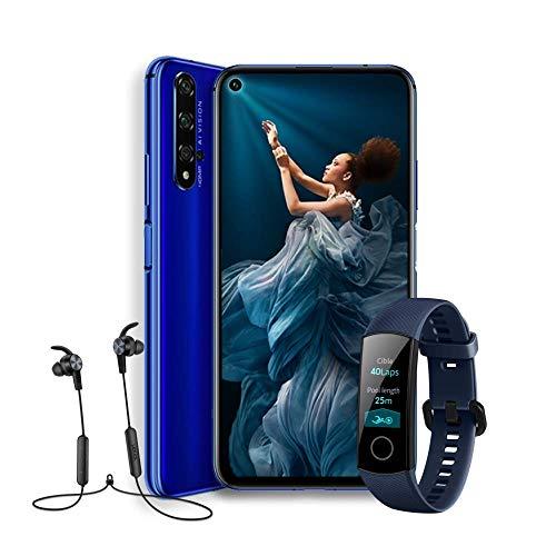 HONOR 20   Smartphone Android 9 (6,26″ FHD, 48MP + 16MP + 2MP + 2MP, frontal 32MP, 6 GB de RAM, 128 GB memoria, batería 3750 mAh), color Azul + Honor Band 4 + Honor Sport Bluetooth Earphones