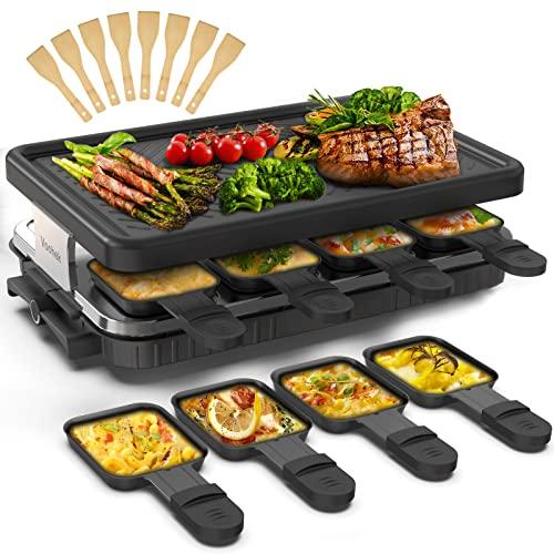 DESCUENTAZO 63% DESCUENTO Raclette 8 Personas Parrilla Electrica Barbacoa Antiadherente Raclette Grill 8 Mini Sartenes, 8 Espatulas, 1300 W, Negro