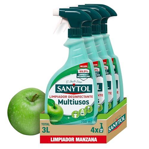 Sanytol   Limpiador Desinfectante Multiusos Manzana, Elimina el 99,9% de Gérmenes, Eficaz contra Bacterias, Hongos y Virus, Sin Lejía, No Mancha Textiles, Testado Dermatológicamente   4 x 750 ml