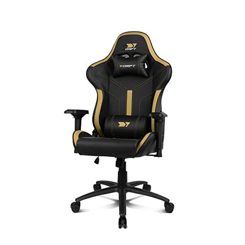 52% DESCUENTO DRIFT GAMING DR350 – Silla Gaming Ergonómica Profesional con Reposabrazos 4D, Cojines Lumbar y Cervical, Inclinable 135º, Ruedas Silenciosas – Negra/Gold