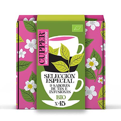 BUENA OFERTA 25% DESCUENTO CUPPER Pack Especial Regalo Varios Sabores Estuche con 9 Variedades y 5 Bolsitas de cada Sabor de Infusiones Ecológicas Apto para Veganos Optimo para Preparar con Agua Caliente