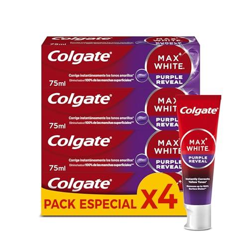 34% DESCUENTO Colgate Max White Purple Reveal Pasta de Dientes Blanqueadora, 4 Uds x 75ml, Dentífrico Blanqueador de Dientes con Tecnología de Corrección Óptica del Color, Corrige al instante* los Tonos Amarillos