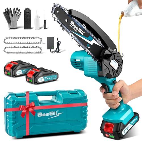 SEESII 6» Mini Motosierra Bateria 2000mAh, 900W Sierra Eléctrica Bateria con Depósito Para El Aceite y Cadena Reemplazable, Motosierra Inalámbrica Portátil para Podar Árboles de Jardinería