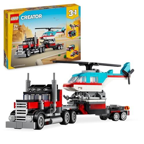 LEGO Creator 3 en 1 Camión Plataforma con Helicóptero Convertible en Vehículos de Juguete: Avión de Hélices, Bólido y Coche SUV, Regalo para Niños y Niñas de 7 Años o Más 31146