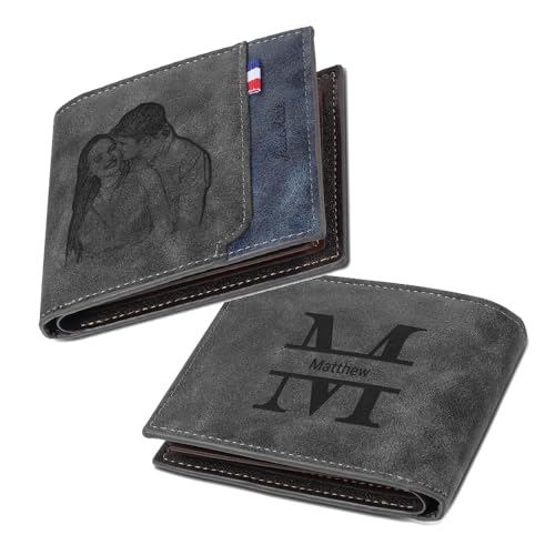 Presentimental Cartera de Cuero Personalizada para Hombre   Cartera RFID con Iniciales Foto Nombre Grabados   Regalos para Papá, Abuelo, Marido, Novio (A)