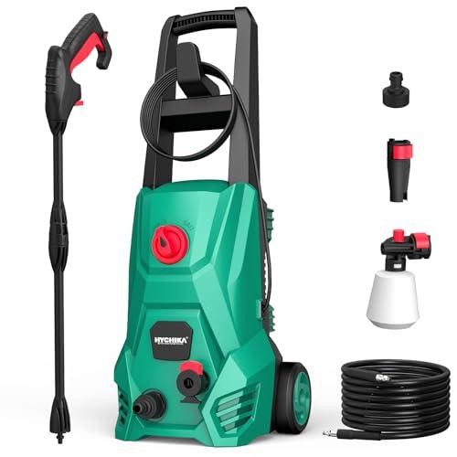 DESCUENTAZO 52% DESCUENTO HYCHIKA Hidrolimpiadora, 110 Bar Max. 410 l/h Caudal 1500W Lavacoches Portátil con Depósito de Espuma, Manguera de Alta Presión 5m, Cable 5m, hidrolavadora Ideal para Coches Vallas Patios