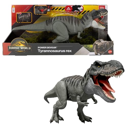 BUENA OFERTA 26% DESCUENTO Mattel Jurassic World: El Renacer, Power Devour Figura de tiranosaurio rex con función de mordiscos continuos activada con la lengua, luces y sonidos, juego digital, JGB50
