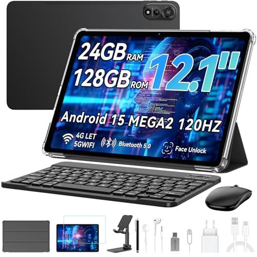 Blackview Mega2 Tablet de 12 pulgadas Android 15, 24 GB de RAM + 128 GB de ROM, 120 Hz 2K FHD Gaming Tablet con teclado, ratón, puntero, auriculares, 4G LTE + 5G WiFi, 9000 mAh, WideVine L1, cámara