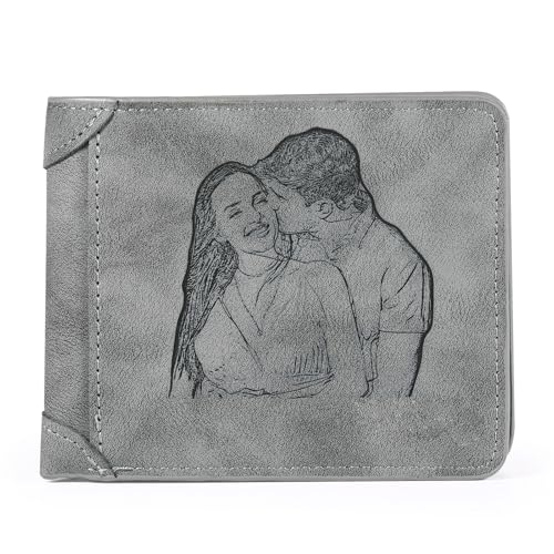 Amsgedhie Cartera Personalizada para Hombre con Foto, Cartera Plegable con Ranuras Billetes Tarjetas para Hombre, Papa, Marido, Regalos para Navidad, del Día del Padre (Gris)