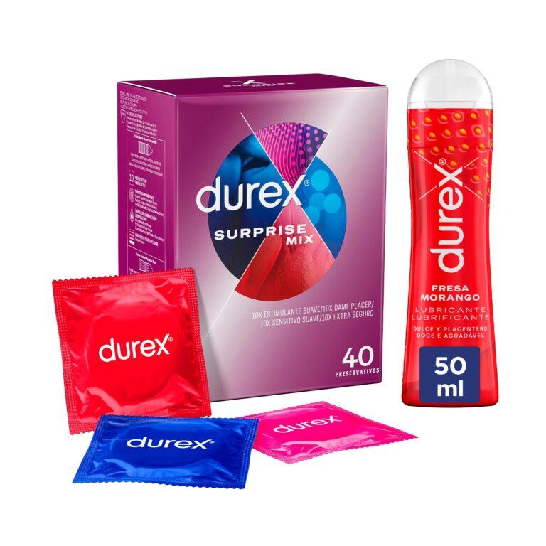 Durex – Surprise Mix 40 Condones Surtidos + Lubricante Fresa 50ml, Dame Placer, Sensitivo Suave, Extra Seguro y Estimulante Suave | Miravia