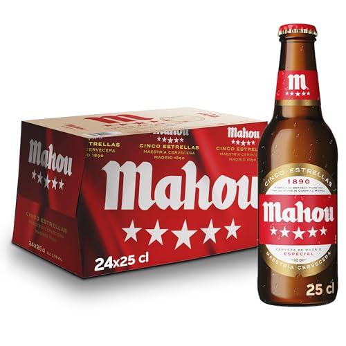 Mahou 5 Estrellas, Pack de 24 Botellas x 25 cl, Cerveza Especial Dorada Lager Con Sabor 5 Estrellas, 5.5% Volumen de Alcohol, El embalaje puede variar