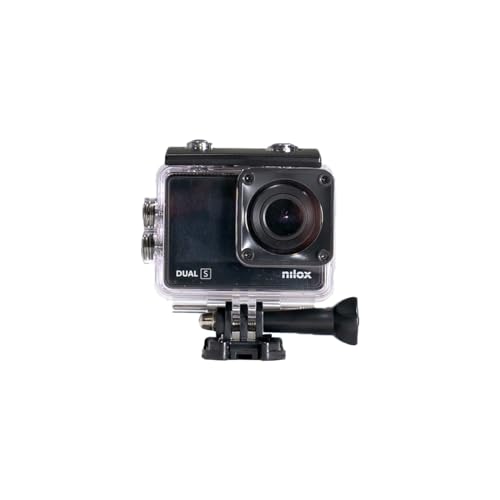 OFERTÓN SUPREMO 87% DESCUENTO Nilox, Action Cam Dual S, Action Camera Resolución 4K/60 fps, gran angular de 170°, pantalla trasera táctil, resistente al agua hasta 30 m con funda hermética, con fijaciones adhesivas, kit de montaje