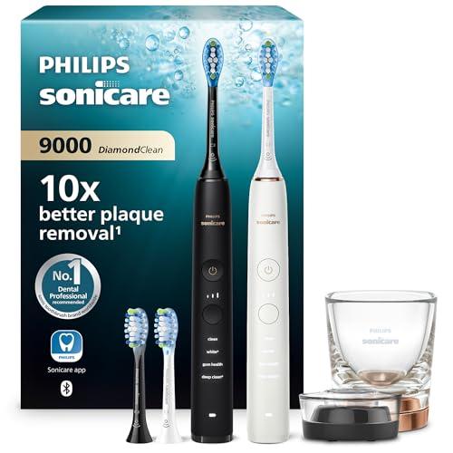 BUENA OFERTA 33% DESCUENTO Philips Sonicare DiamondClean 9000 cepillo dental eléctrico, paquete doble, cepillo dental sónico con aplicación, sensor de presión, vaso de carga, negro y oro rosa, modelo HX9914/61