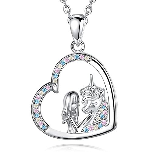 Yiwaxice   Collar de unicornio, para niñas, plata, amor, corazón, colgante, joyas, cumpleaños, Navidad, regalos para novia, niño, mujer, madre, hija nieta sobrina, Plata esterlina