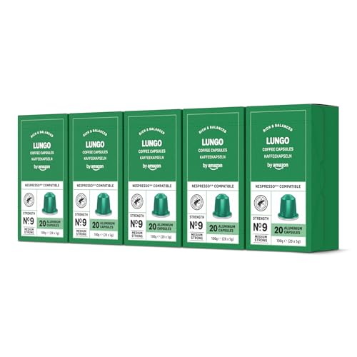 by Amazon Cápsulas de café Lungo, tueste medio, compatibles con Nespresso, 100 unidades, 5 paquetes de 20, certificado Rainforest Alliance