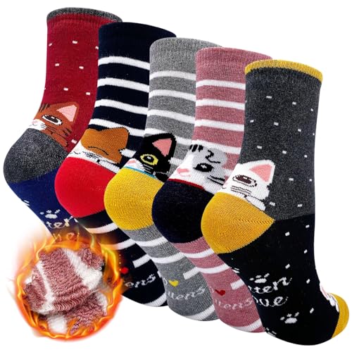 ZFSOCK Calcetines Termicos Invierno Mujer: Algodon Cálidos Gruesa Calientes Divertidos Patrón de Gatos 5 Pares 35 41