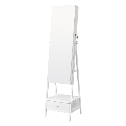 SONGMICS Armario de Joyas con Espejo LED, Joyero con Cerradura, Organizador con Cajón y Estante, Idea de Regalo, Blanco Nube JJC025W01