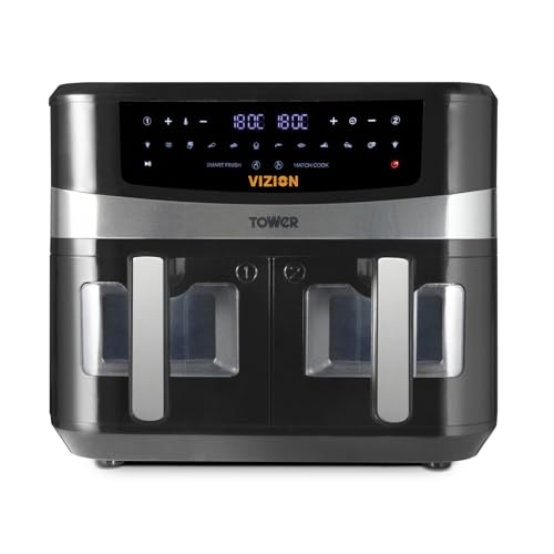 Tower T17100 Freidora de Aire de Doble Cesta   Freidora Sin Aceite con Tecnología Vortx, Ventana Vizion, Panel de Control Digital y 10 Preajustes – Air Fryer Doble, 9 L   Negro