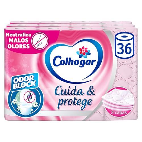 Colhogar, Cuida&Protege 3 x 12, Papel Higiénico con tecnología Odor Block, neutraliza malos olores, Paquete con 36 Rollos, 3 Capas, rollos color rosa y con una fragancia fresca