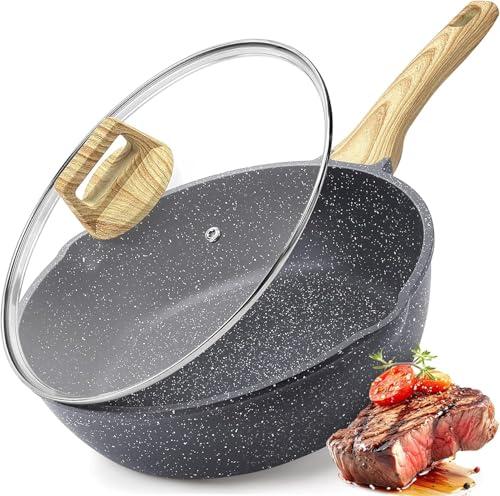 GiPP Freidora Antiadherente   SartéN Con Tapa De Granito Blanco 4.3L/4.5Qt, Boca Abajo, Mantenga Las Manos Frescas Y No Pegajosa Olla De Cocina No TóXica Skillet (Gris, 28cm)