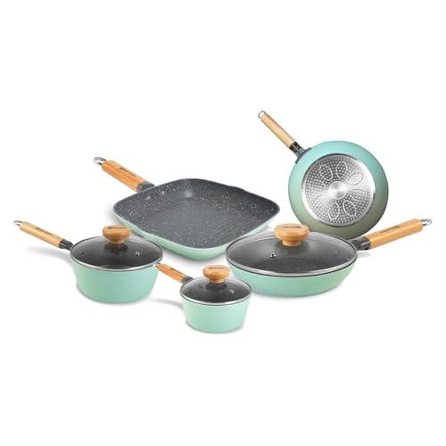 Avilia Juego de ollas antiadherentes – Batería de 8 piezas, sartenes con asas de madera de haya, para cocinas de gas, inducción y eléctricas, reciclables