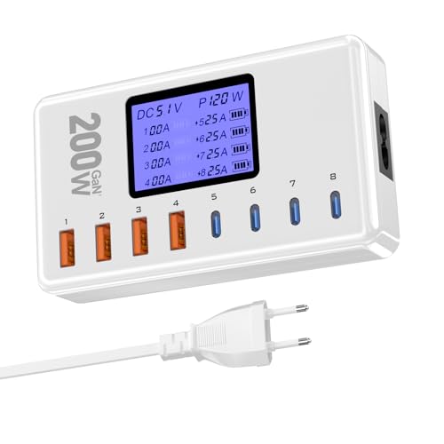 Cargador USB C 200W,Cargador Movil Carga Rapida con 4 Puertos Cargador Tipo C y 4 Puertos de Cargador USB, Cargador Multiple USB admiten la PD/PPS/QC para iPhone 16,Samsung,Pixel,iPad,etc.