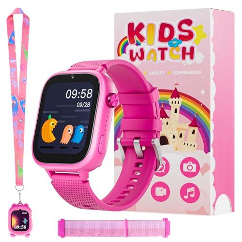 OKYUK Reloj Inteligente para niños 4G, con GPS y teléfono, Reloj de Pulsera para niños, con Llamada telefónica, Mensajes, Modo Escolar, función SOS, cámara y podómetro (Rojo Rosa)