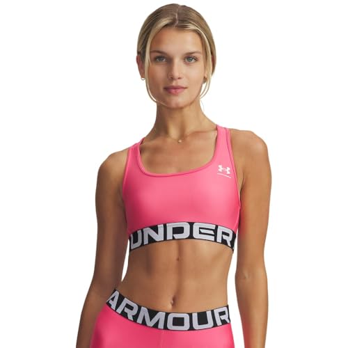 43% DESCUENTO Under Armour Mujer Heatgear Mid, Sujetador Deportivo elástico con sujeción Media, Top de Gimnasia con Doble Forro no acolchadoSuper Pink / / White,LG