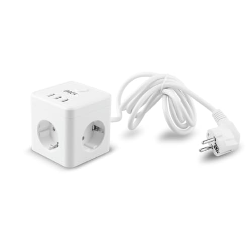 Cubo de enchufes 10A con 3 Tomas y 3 Puertos USB, 1.5m, Color Blanco, Ideal para Cargar Dispositivos y conectar múltiples aparatos.