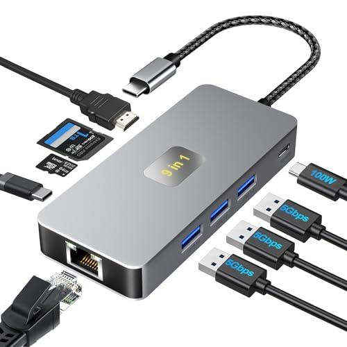Dalimee USB C Hub 3.0, 9 en 1 USB C Docking Station con 3 puertos USB 3.0, USB C2.0, 4K @ 60Hz HDTV, PD 100 W, carga rápida, Gigabit Ethernet, lector de tarjetas SD/TF, estación de acoplamiento Type C