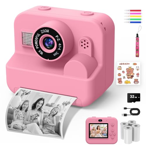 Cámara de Fotos Infantil Instantáneas   1080P 2.4″ Cámara Selfie Instantánea para Niños con Papel de Impresión y Tarjeta 32GB, Juguete Regalo Navidad para Niño y Niña de 3 a 12 Años (Rosa)