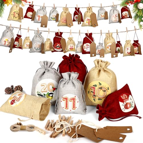 Omtofo Calendario de Adviento 2025 para rellenar, grande y pequeño, con 24 saquitos de tela de 13 x 18 cm, 10 x 15 cm, incluye cuerda de cáñamo, pinzas de madera, colgante con números, calendario de