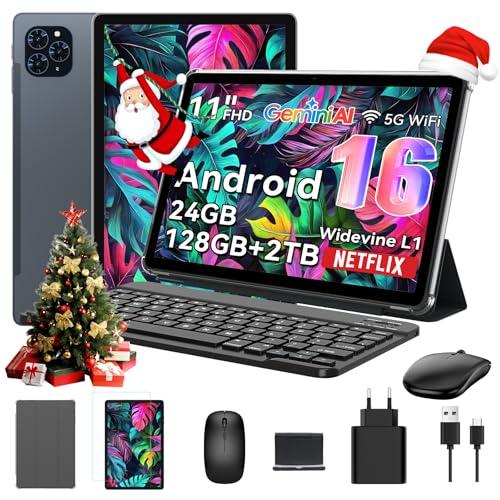 Tableta 2025 Primera Tablet Android 16 del Mundo con Gemini AI, 11 Pulgadas FHD Pantalla, 24GB RAM, 128GB ROM/ 2 TB TF, Cámara 13 MP, 8000mAh, Widevine L1, Facial ID, 2 en 1 Tablet con Teclado y Lapiz