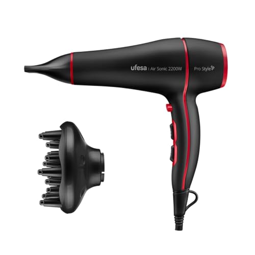 23% DESCUENTO Ufesa Secador de Pelo Profesional Air Sonic 2200W, Motor AC, Elimina el Encrespamiento, Incluye Difusor y Concentrador, 2 Velocidades, 3 Temperaturas, Golpe de Aire Frío, Negro/Rojo
