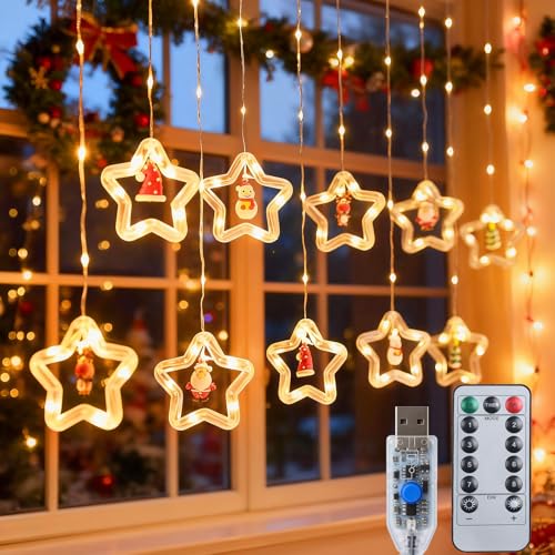 67% DESCUENTO Qoosea Cortina de Luces Navideñas, 100LED Estrellas Cortina de Luz USB, 3M 8 Modos Impermeable Cadena Luces Guirnaldas Interior Exterior Decorativas para Boda Fiesta Jardín, Blanco Cálido