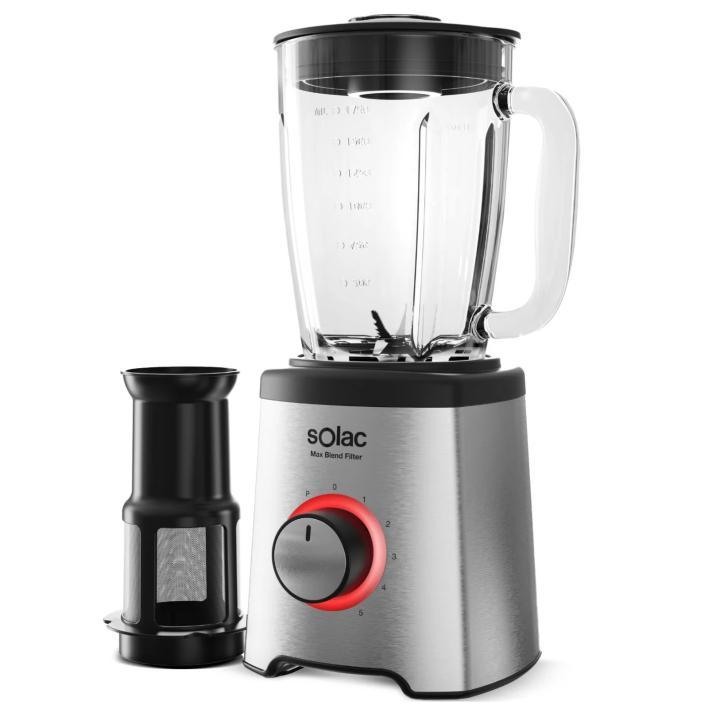 Solac – Batidora de vaso Max Blend Filter 1600W Jarra Cristal 1,75L 5 velocidades con función Pulse 6 filos en acero inoxidable Pica Hielo Filtro para zumos sin pulpa | Miravia