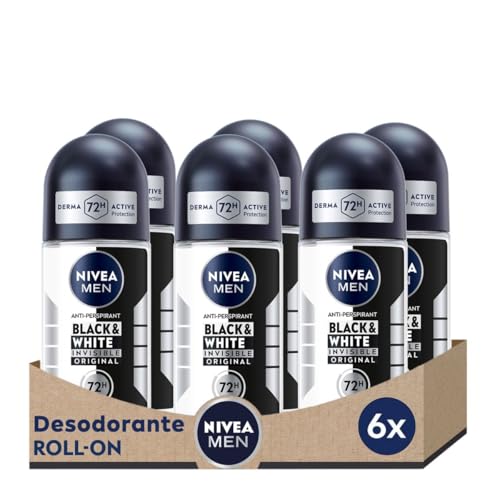 NIVEA MEN Black & White Invisible Original   Desodorante de Hombre Invisible Roll on   72h Protección Antitranspirante   Sin Alcohol   Anti Sudor, Olor, Manchas, Irritación y Residuos   Pack 6 x 50 ml